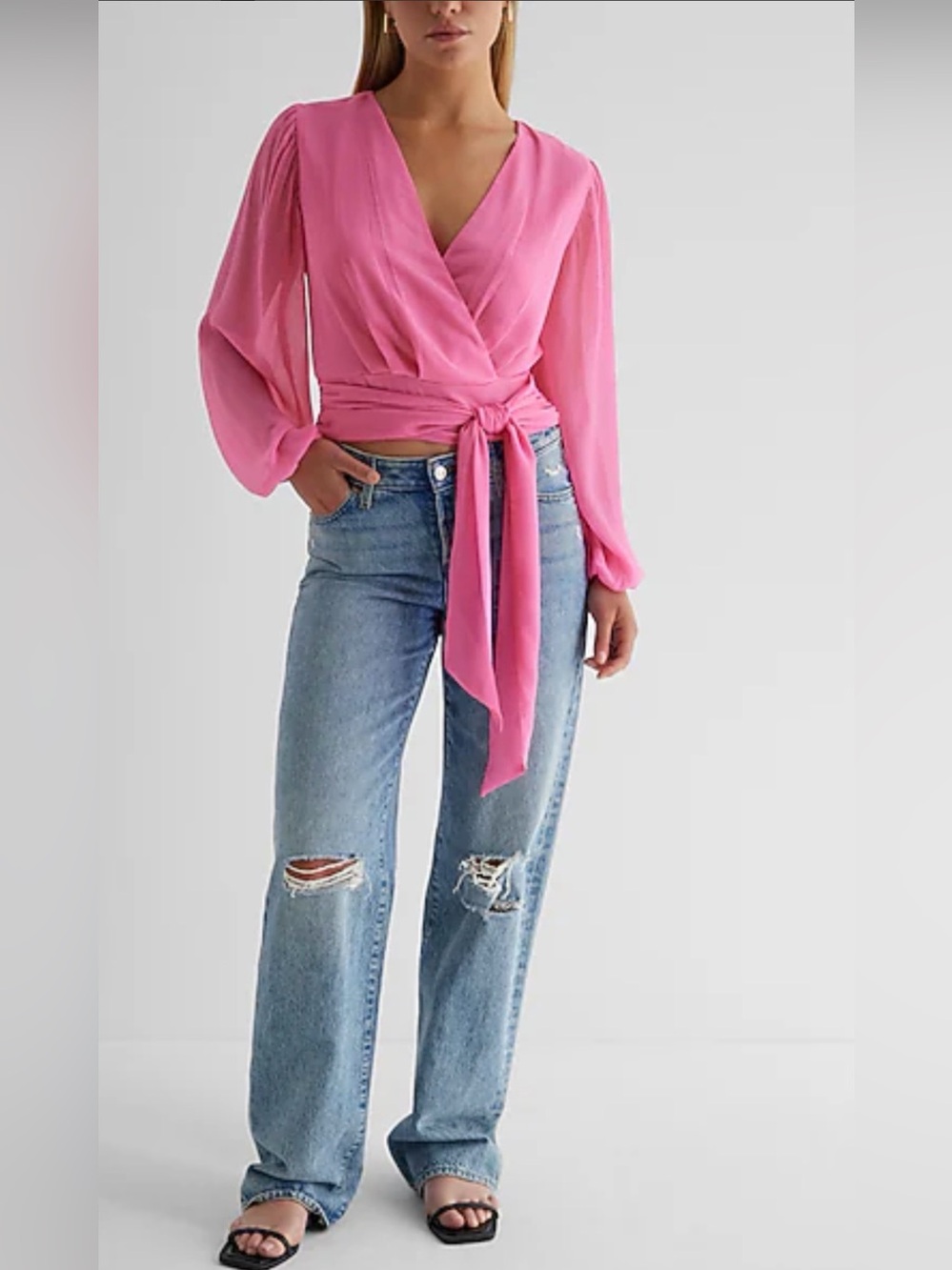 Express V-Neck Faux Wrap Tie Waist Top